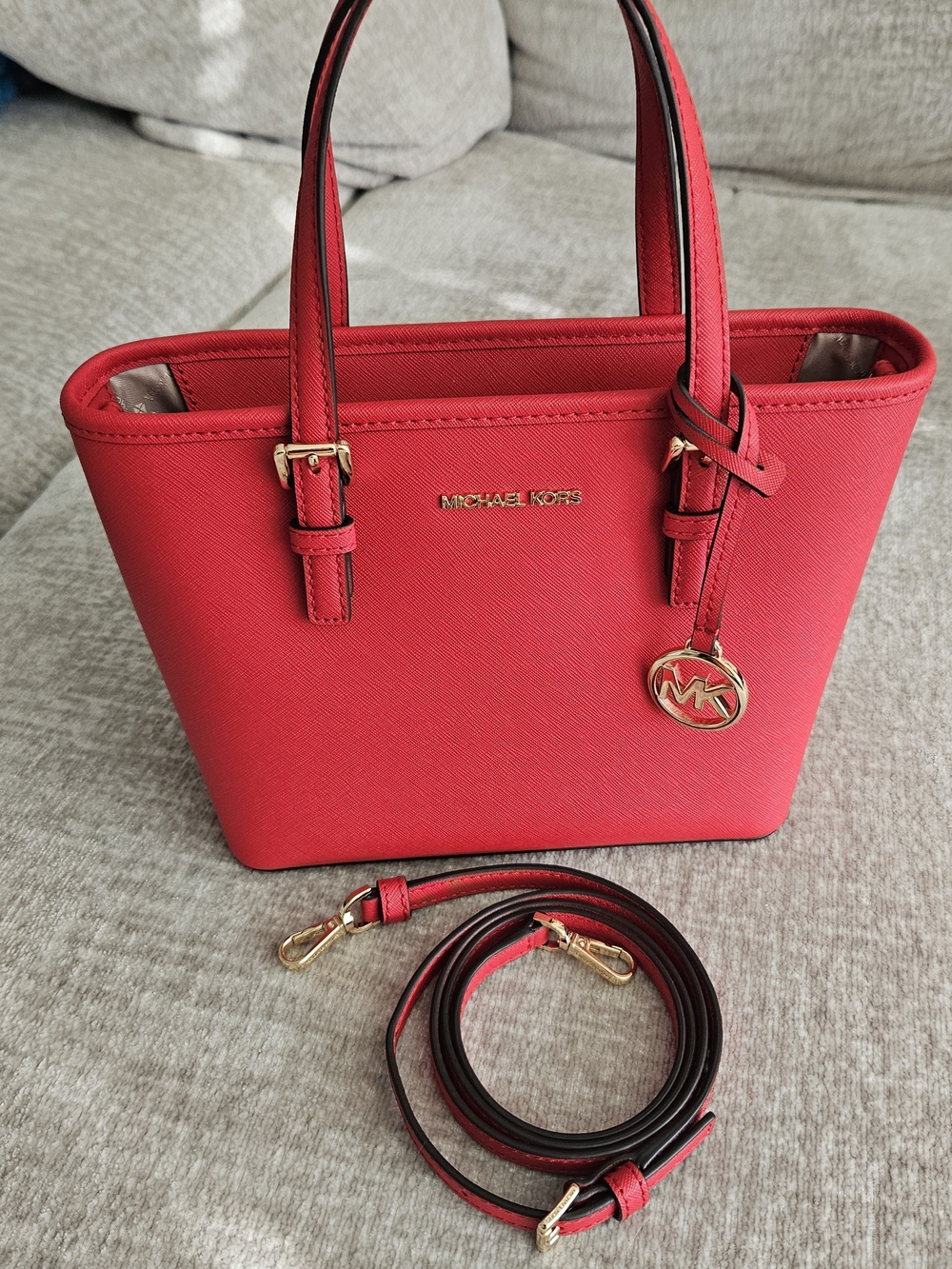 Michael Kors Red Saffiano Leather Tote with Detachable Crossbody Strap